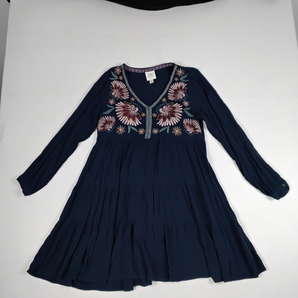Knox Rose Navy Blue Floral Embroidered Tiered Mini Dress Women's Medium Boho...